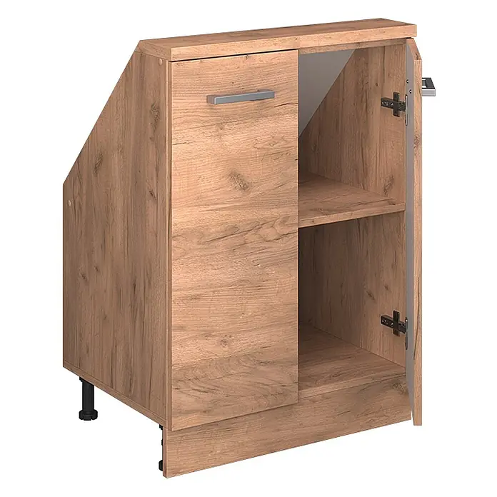 Vicco Schrankküche R-Line Goldkraft Eiche mit 2 Türen - Goldkraft Eiche, Dachschrägenschrank 60cm - Eckunterschrank in Holzoptik mit einer geschlossenen Tür, offenen Fächern und verstellbaren Füßen.