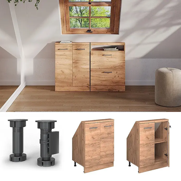 Vicco Schrankküche R-Line Goldkraft Eiche mit 2 Türen - Goldkraft Eiche, Dachschrägenschrank 60cm - Helle Holzschränke für Dachschrägen, mit verstellbaren Füßen und angeschrägten Oberteilen, im Raum und einzeln gezeigt.
