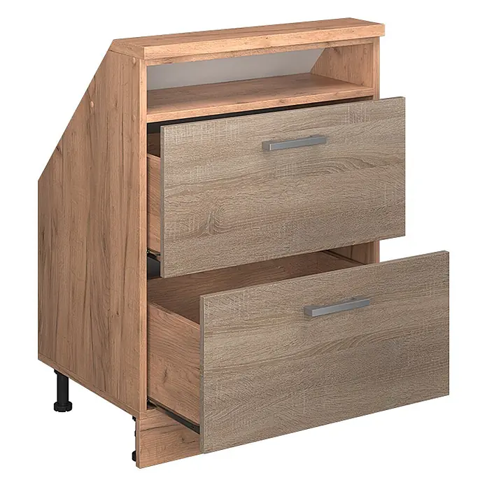 Vicco Schrankküche R-Line Sonoma mit 2 Schubladen - Sonoma, Dachschrägenschrank 60cm mit Schublade - Hellbrauner Holzschrank mit zwei offenen Schubladen, abgeschrägter Oberseite und verstellbaren Füßen.