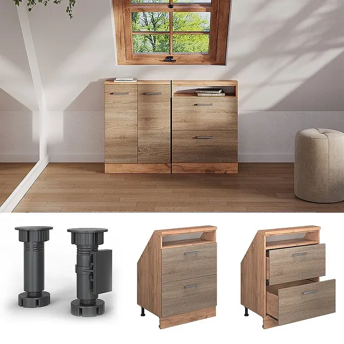 Vicco Schrankküche R-Line Sonoma mit 2 Schubladen - Sonoma, Dachschrägenschrank 60cm mit Schublade - Zwei Holz-Nachttische mit schrägen Oberseiten und verstellbaren Füßen, ideal für Dachschrägen.