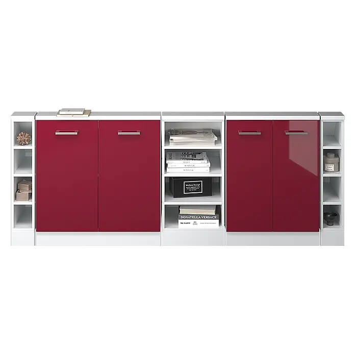 Küchenschrank für Dachschrägen R-Line 210 cm Rot Hochglanz Art.-Nr. 58202 -  - Weißes modulares Aufbewahrungssystem mit glänzenden roten Schranktüren und offenen Regalen.