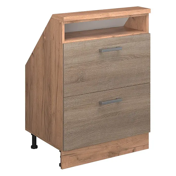Vicco Schrankküche R-Line Sonoma mit 2 Schubladen - Sonoma, Dachschrägenschrank 60cm mit Schublade - Zweifarbiger Holzdekor-Schrank für Dachschrägen mit zwei Schubladen und einem offenen Fach.