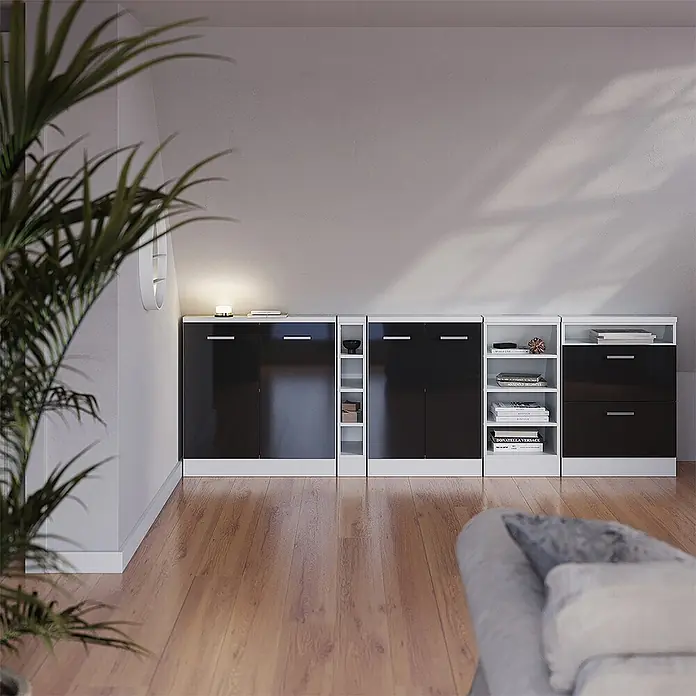 Vicco Küchenleerblock R-Line Anthrazit Hochglanz mit 2 Schubladen - Breite: 60 cm, Anthrazit Hochglanz - Modernes modulares Aufbewahrungssystem mit glänzend schwarzen Türen und weißen Regalen, an einer Wand in einem Raum.