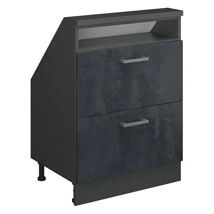 Vicco Schrankküche R-Line Schwarz Beton mit 2 Schubladen - Schwarz Beton, Dachschrägenschrank 60cm mit Schublade - Dunkelgrauer Unterschrank mit zwei strukturierten Schubladen, offener Ablage und abgeschrägter Seite für die Küche.