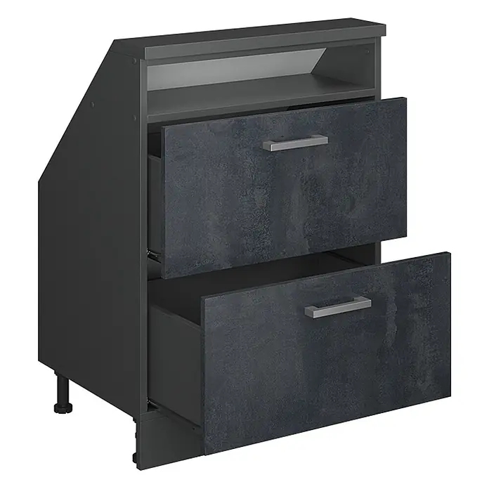 Vicco Schrankküche R-Line Schwarz Beton mit 2 Schubladen - Schwarz Beton, Dachschrägenschrank 60cm mit Schublade - Dunkelgrauer Küchenunterschrank mit zwei teilweise geöffneten, strukturierten Schubladen und offener Ablage. Silberne Griffe.