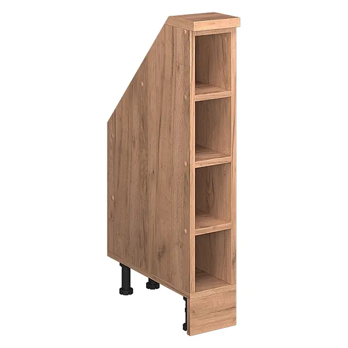 Küchenschrank für Dachschrägen R-Line 15 cm Goldkraft Eiche Art.-Nr. 58282 -  - Schmales, hellbraunes Holzregal mit schräger Oberseite, offenen Fächern und verstellbaren Füßen.