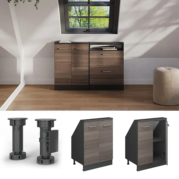 Vicco Schrankküche R-Line Edelgrau mit 2 Türen - Edelgrau, Dachschrägenschrank 60cm - Zwei holzfarbene Schränke mit dunkelgrauem Rahmen unter einem Dachfenster, passend für Schrägen. Details zeigen verstellbare Füße und Innenraum.