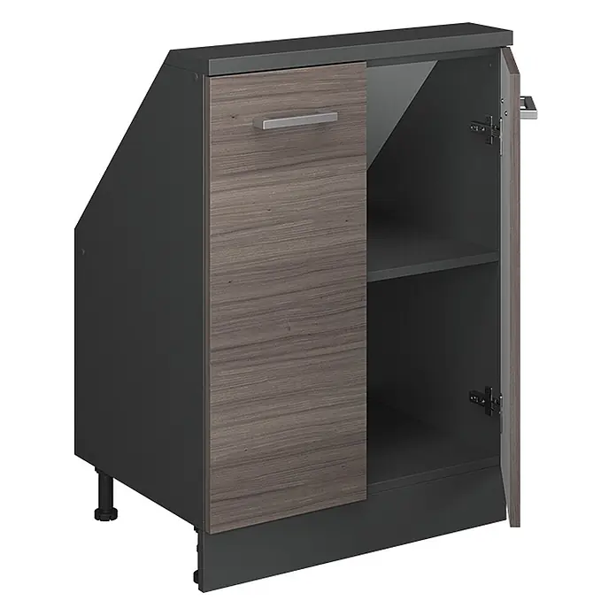 Vicco Schrankküche R-Line Edelgrau mit 2 Türen - Edelgrau, Dachschrägenschrank 60cm - Dunkelgrauer Küchenunterschrank mit schräger Seite und brauner Holztür, silbernem Griff und Innenregal.