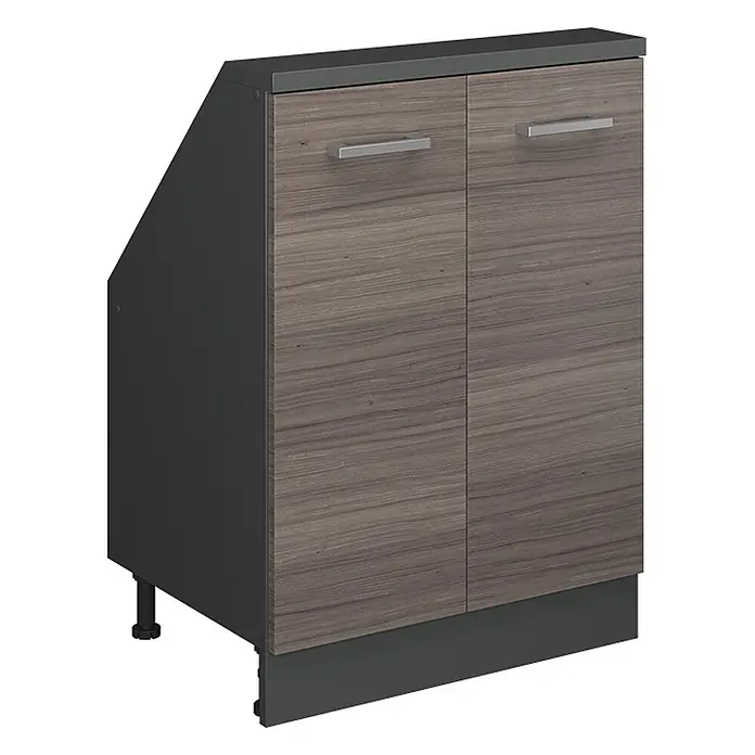 Vicco Schrankküche R-Line Edelgrau mit 2 Türen - Edelgrau, Dachschrägenschrank 60cm - Dunkelgrauer Unterschrank mit abgeschrägter Rückwand, zwei Holzmaserungstüren, Metallgriffen, dunkler Platte und Sockelblende.