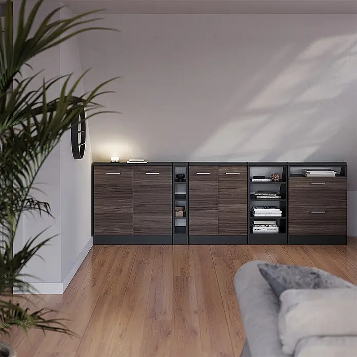 Vicco Schrankküche R-Line Edelgrau mit 2 Türen - Edelgrau, Dachschrägenschrank 60cm - Modulares Schrank- und Regalsystem aus dunklem Holz und Grau mit offenen Fächern, passend unter eine Dachschräge.