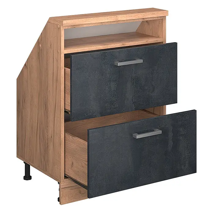 Vicco Schrankküche R-Line Schwarz Beton mit 2 Schubladen - Schwarz Beton, Dachschrägenschrank 60cm mit Schublade - Holzdekor-Schrank mit schräger Seite, zwei anthrazitfarbene Schubladen mit Metallgriffen und offenes oberes Fach.