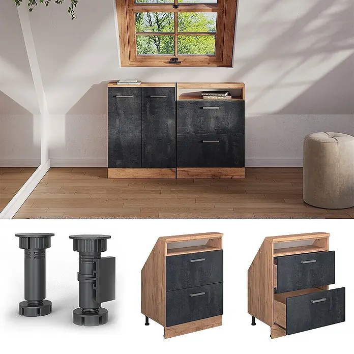 Vicco Schrankküche R-Line Schwarz Beton mit 2 Schubladen - Schwarz Beton, Dachschrägenschrank 60cm mit Schublade - Dunkelgraue und Holz-Dachschrägenmöbel mit verstellbaren Füßen; Schrank und Kommode im Dachzimmer gezeigt.