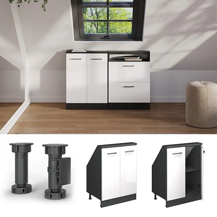 Vicco Schrankküche R-Line Weiß Hochglanz mit 2 Türen - Weiß Hochglanz, Dachschrägenschrank 60cm - Weiß-schwarzes modulares Dachschrägenschranksystem mit verstellbaren Füßen, in einem Dachzimmer und mit Innenfächern gezeigt.
