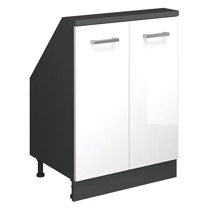 Vicco Schrankküche R-Line Weiß Hochglanz mit 2 Türen - Weiß Hochglanz, Dachschrägenschrank 60cm - Zweitüriger weißer Hochglanz-Unterschrank mit dunkelgrauer Platte, abgeschrägter Seitenwand und Sockel. Mit Metallgriffen.