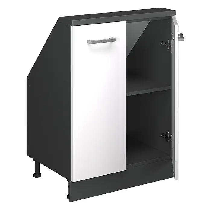 Vicco Schrankküche R-Line Weiß Hochglanz mit 2 Türen - Weiß Hochglanz, Dachschrägenschrank 60cm - Dunkelgrauer und weißer Eckunterschrank mit offener weißer Tür, zeigt eine Innenablage und verstellbare Füße.