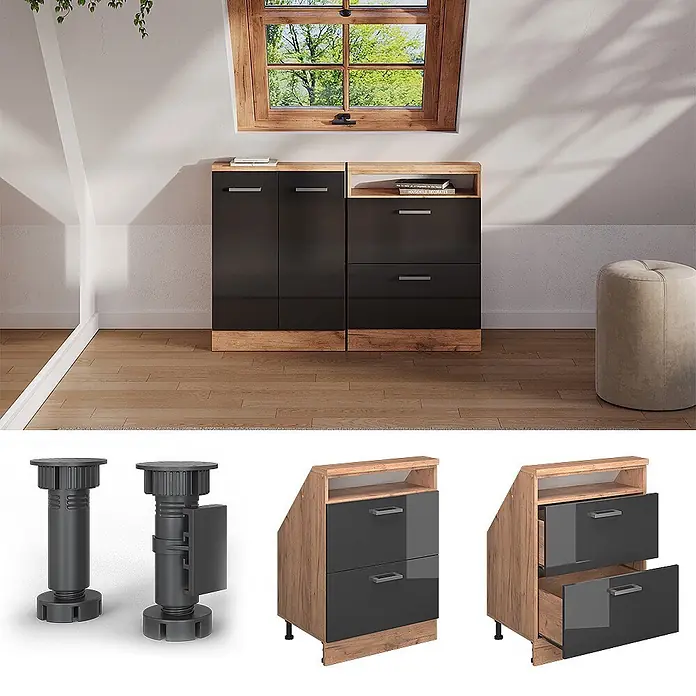 Vicco Küchenleerblock R-Line Anthrazit Hochglanz mit 2 Schubladen - Breite: 60 cm, Anthrazit Hochglanz - Set aus zwei hochglanzschwarzen und holzfarbenen Schränken für Dachschrägen, einer mit Türen, einer mit Schubladen, mit verstellbaren Füßen.