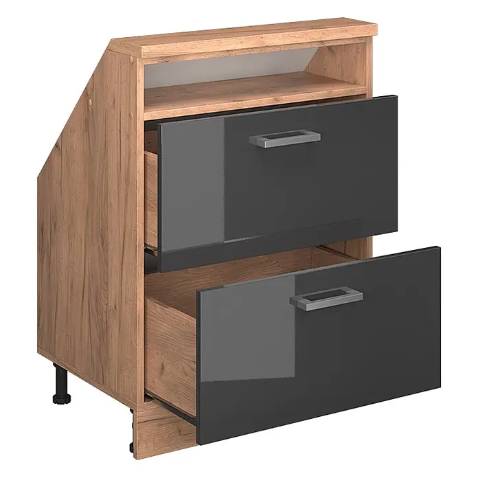Vicco Küchenleerblock R-Line Anthrazit Hochglanz mit 2 Schubladen - Breite: 60 cm, Anthrazit Hochglanz - Schrank mit hellem Holzmaserungsrahmen, dunkelgrauen Hochglanz-Schubladenfronten und einem offenen Regal. Zwei teilweise offene Schubladen zeigen ihr Inneres.