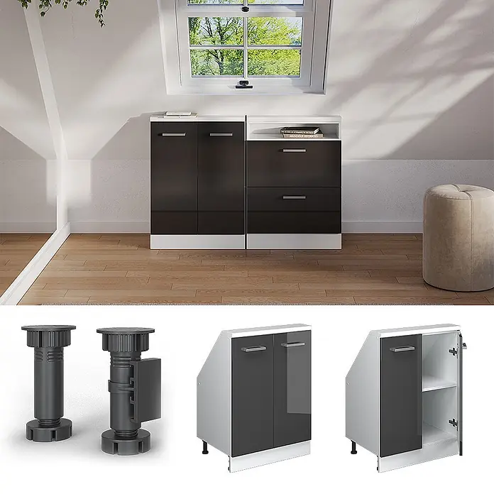Vicco Küchenleerblock R-Line Anthrazit Hochglanz mit 2 Türen - Breite: 60 cm, Anthrazit Hochglanz - Glänzende schwarz-weiße Dachschrägenschränke mit verstellbaren Nivellierfüßen, in einem Raum dargestellt.