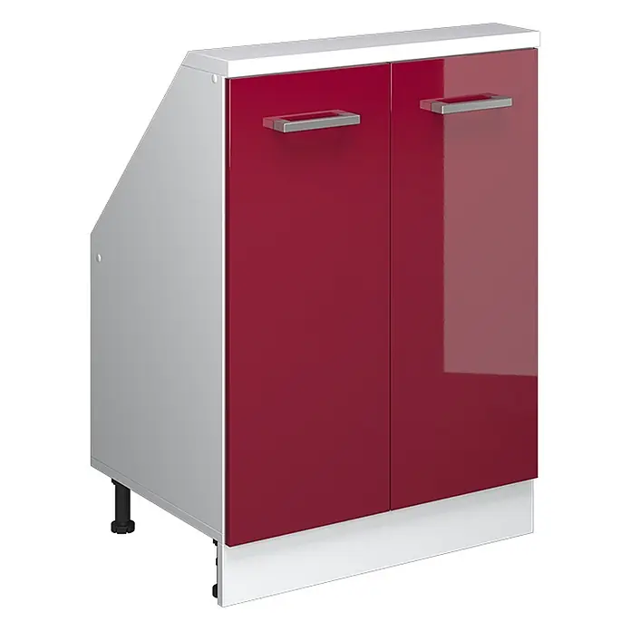Vicco Schrankküche R-Line Rot Hochglanz/Weiß mit 2 Türen - Rot Hochglanz, Dachschrägenschrank 60cm - Roter Hochglanz-Küchenunterschrank mit weißer Platte und Metallgriffen.