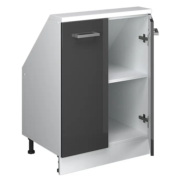 Vicco Küchenleerblock R-Line Anthrazit Hochglanz mit 2 Türen - Breite: 60 cm, Anthrazit Hochglanz - Weißer Eckunterschrank mit dunkelgrauer Hochglanztür, geöffnet mit einem Regal. Mit abgeschrägter Seite und verstellbaren Füßen.