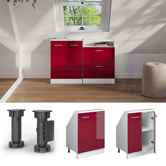 Vicco Schrankküche R-Line Rot Hochglanz/Weiß mit 2 Türen - Rot Hochglanz, Dachschrägenschrank 60cm - Zwei rote Hochglanz-Stauraumschränke mit weißen Rahmen, Türen und Schubladen, unter einem Dachfenster platziert.