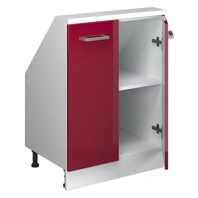 Vicco Schrankküche R-Line Rot Hochglanz/Weiß mit 2 Türen - Rot Hochglanz, Dachschrägenschrank 60cm - Angeschrägter Küchenunterschrank mit roter Hochglanztür, weißem Innenraum und verstellbaren Füßen.