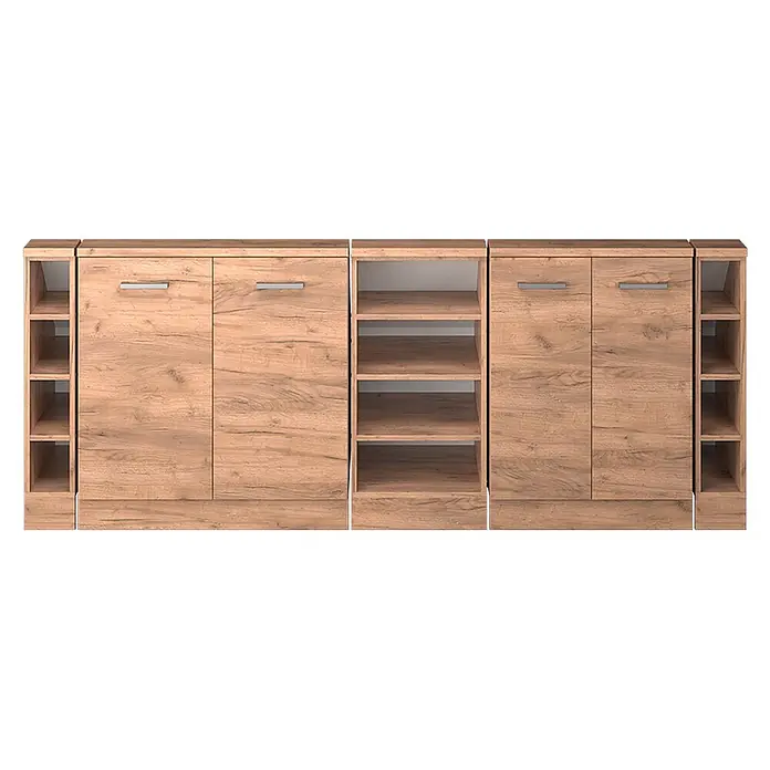 Küchenschrank für Dachschrägen R-Line 210 cm Goldkraft Eiche Art.-Nr. 58188 -  - Modulare Aufbewahrungseinheit in Eichenoptik mit offenen Regalen und geschlossenen Schränken.