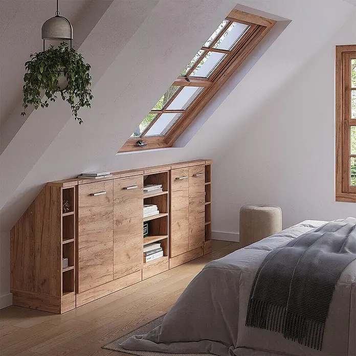 Küchenschrank für Dachschrägen R-Line 210 cm Goldkraft Eiche Art.-Nr. 58188 -  - Helles Holz Dachschrägenschrank mit Türen und Regalen, passend unter die Dachschräge.