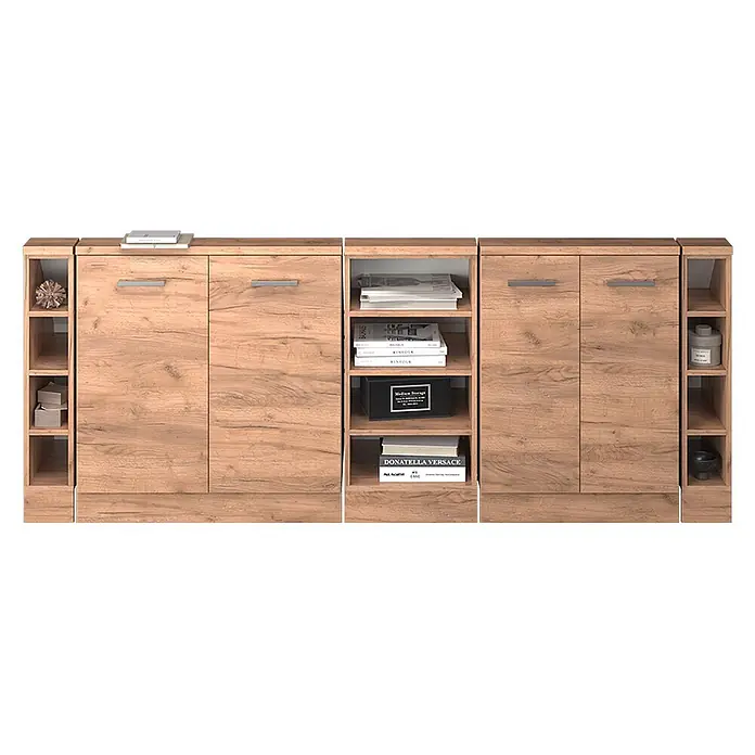 Küchenschrank für Dachschrägen R-Line 210 cm Goldkraft Eiche Art.-Nr. 58188 -  - Helles Holz-Modulschrank mit geschlossenen Türen und offenen Regalfächern zur Aufbewahrung.