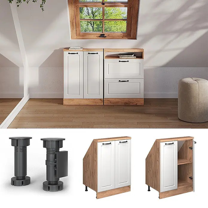 Vicco Schrankküche R-Line Weiß Landhaus mit 2 Türen - Weiß Landhaus, Dachschrägenschrank 60cm - Weiße Dachschrägenschränke in Holzoptik mit verstellbaren Füßen, ideal für Dachböden, bieten Stauraum mit Türen und Schubladen.