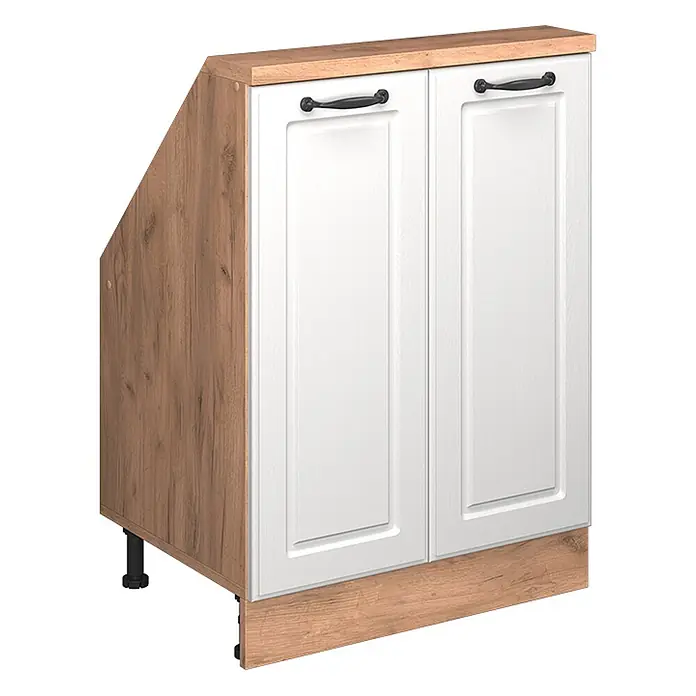 Vicco Schrankküche R-Line Weiß Landhaus mit 2 Türen - Weiß Landhaus, Dachschrägenschrank 60cm - Weißer Küchenunterschrank mit Holzplatte & schräger Seite, zwei Türen, schwarzen Griffen und verstellbaren Füßen. Mit Holzsockel.