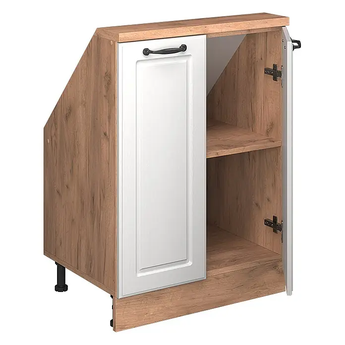 Vicco Schrankküche R-Line Weiß Landhaus mit 2 Türen - Weiß Landhaus, Dachschrägenschrank 60cm - Eckunterschrank in heller Holzoptik mit weißer Kassettentür, offenem Regal und verstellbaren Füßen.