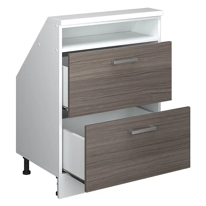 Vicco Schrankküche R-Line Edelgrau mit 2 Schubladen - Edelgrau, Dachschrägenschrank 60cm mit Schublade - Weißer Dachschrägen-Schrank mit zwei dunklen Holzmaserungsschubladen und einem offenen oberen Fach.
