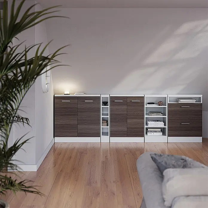 Vicco Schrankküche R-Line Edelgrau mit 2 Schubladen - Edelgrau, Dachschrägenschrank 60cm mit Schublade - Modulares Aufbewahrungssystem mit dunklen Holzmaserungstüren und weißen Rahmen/Regalen, vielseitig im modernen Wohnzimmer.
