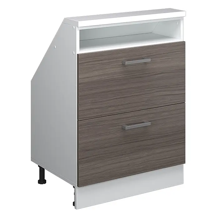 Vicco Schrankküche R-Line Edelgrau mit 2 Schubladen - Edelgrau, Dachschrägenschrank 60cm mit Schublade - Weißer Küchenunterschrank mit zwei dunkelbraunen Schubladen, offenem Fach und schräger Seitenwand.