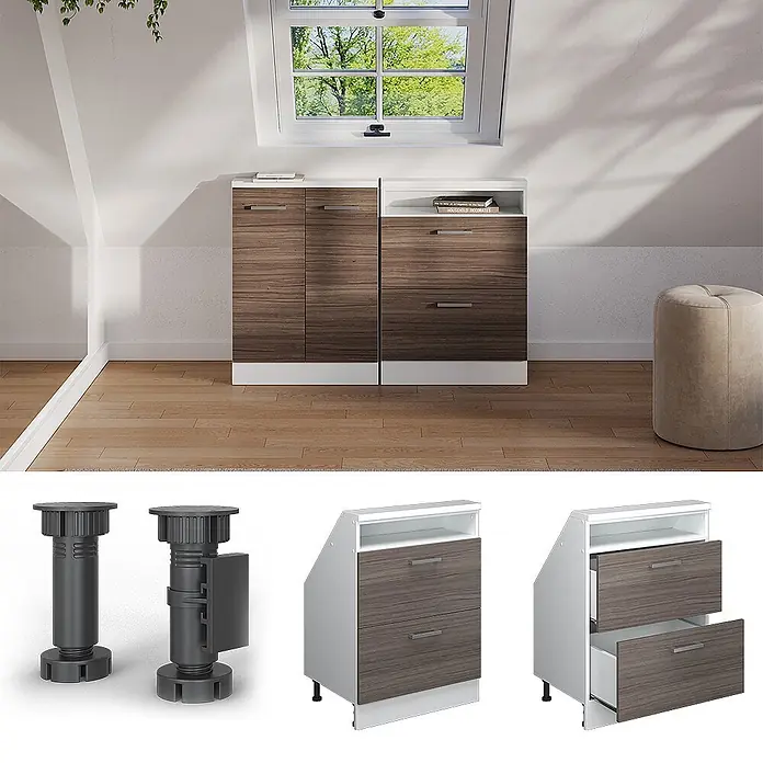 Vicco Schrankküche R-Line Edelgrau mit 2 Schubladen - Edelgrau, Dachschrägenschrank 60cm mit Schublade - Zwei weiße/braune Holzdekor-Schränke mit schräger Platte und verstellbaren Füßen für Dachschrägen.