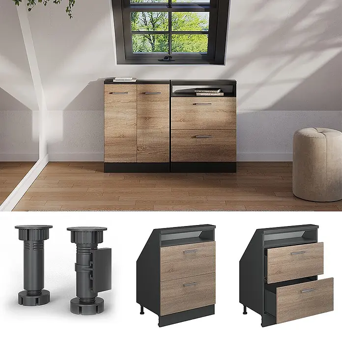 Vicco Schrankküche R-Line Sonoma mit 2 Schubladen - Sonoma, Dachschrägenschrank 60cm mit Schublade - Modulares Schranksystem mit hellen Holz- und dunkelgrauen Elementen, mit verstellbaren Beinen, Schubladen und Türen.