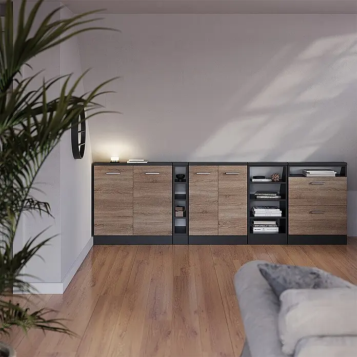 Vicco Schrankküche R-Line Sonoma mit 2 Schubladen - Sonoma, Dachschrägenschrank 60cm mit Schublade - Modulares Schranksystem mit Holzdekorfronten und dunkelgrauen Rahmen, in einem modernen Wohnraum.