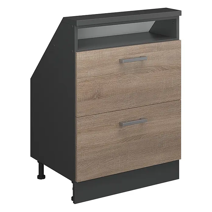 Vicco Schrankküche R-Line Sonoma mit 2 Schubladen - Sonoma, Dachschrägenschrank 60cm mit Schublade - Nachttisch mit zwei Schubladen und offenem Fach, dunklem Rahmen und hellen Holzfronten mit silbernen Griffen.