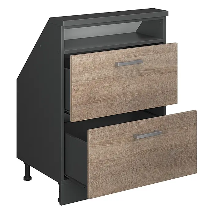Vicco Schrankküche R-Line Sonoma mit 2 Schubladen - Sonoma, Dachschrägenschrank 60cm mit Schublade - Dunkelgrauer Schrank mit schräger Seite, zwei hellen Holzoptikschubladen mit Metallgriffen und offenem Ablagefach. Beide Schubladen sind teilweise geöffnet.