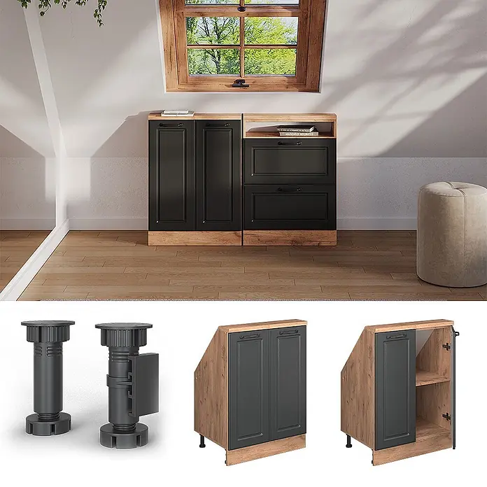 Vicco Küchenleerblock R-Line Anthrazit Landhaus mit 2 Türen - Breite: 60 cm, Anthrazit Landhaus - Schwarze und holzfarbene modulare Dachschrägenschränke mit verstellbaren Füßen, in Raum mit Schräge gezeigt, mit offener Ansicht.