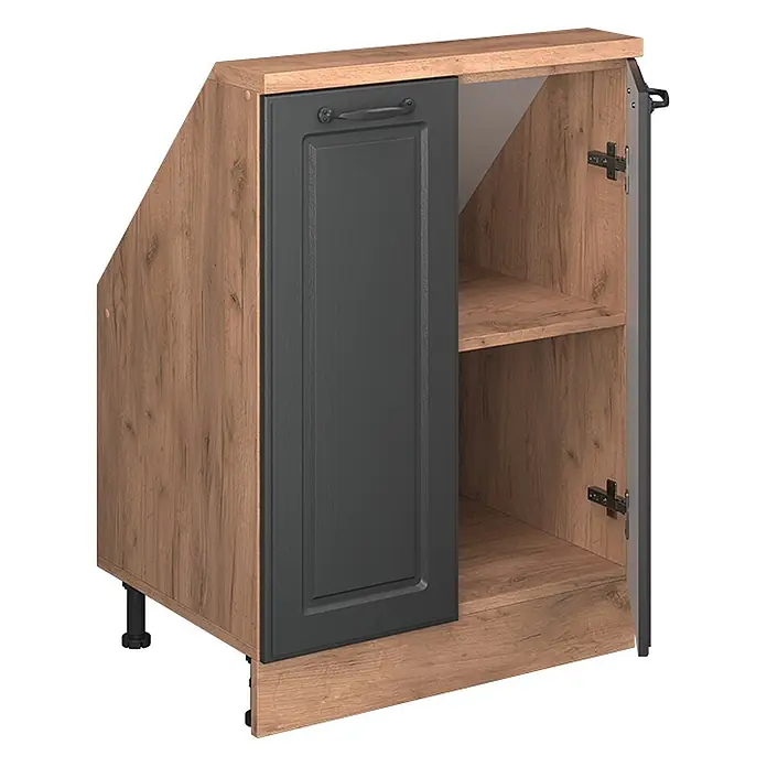Vicco Küchenleerblock R-Line Anthrazit Landhaus mit 2 Türen - Breite: 60 cm, Anthrazit Landhaus - Eckunterschrank mit dunkelgrauer Tür und Holzmaserung, offen mit zwei Regalböden.