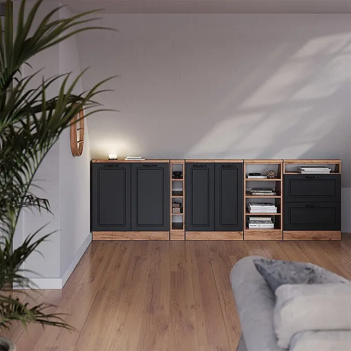 Vicco Küchenleerblock R-Line Anthrazit Landhaus mit 2 Türen - Breite: 60 cm, Anthrazit Landhaus - Modulares schwarzes Schranksystem mit Holzrahmen, bietet vielseitigen Stauraum und Regale in einem modernen Wohnraum.