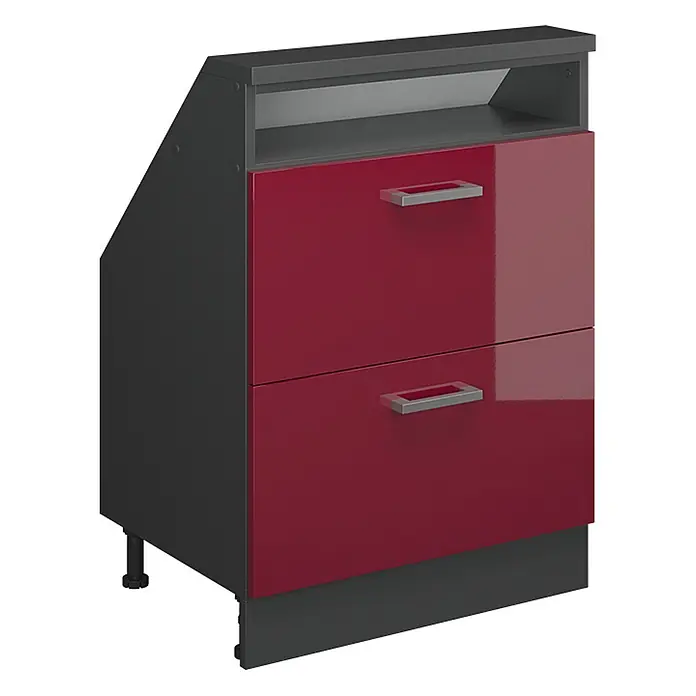 Vicco Küchenleerblock R-Line Rot Hochglanz mit 2 Schubladen - Breite: 60 cm, Rot Hochglanz - Dunkelgrauer Schrank mit zwei glänzenden roten Schubladen und einem offenen oberen Fach. Jede Schublade hat einen silberfarbenen Griff.
