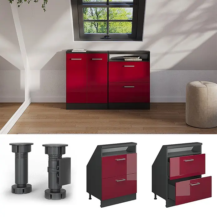 Vicco Küchenleerblock R-Line Rot Hochglanz mit 2 Schubladen - Breite: 60 cm, Rot Hochglanz - Modernes rot-schwarzes modulares Schranksystem mit Griffen in einem Raum.