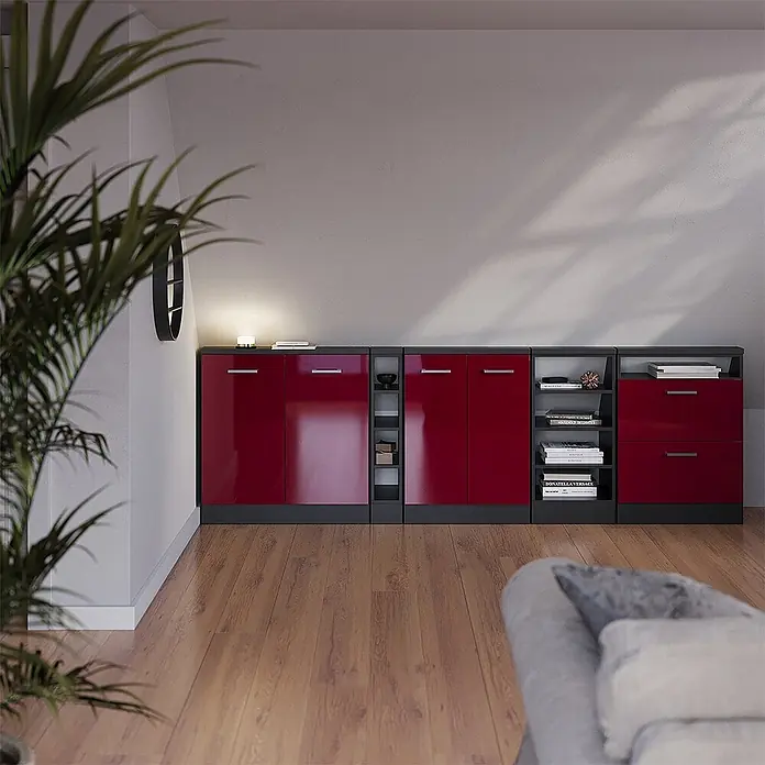 Vicco Küchenleerblock R-Line Rot Hochglanz mit 2 Schubladen - Breite: 60 cm, Rot Hochglanz - Rote und graue modulare Aufbewahrungseinheiten mit glänzenden Fronten und offenen Regalen als Sideboard im Wohnzimmer.