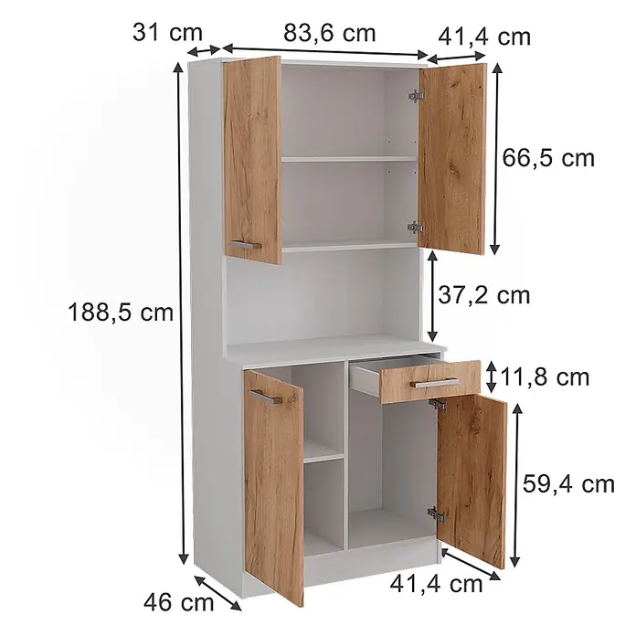 Vicco Schrankküche Raul Weiß/Goldkraft Eiche mit 4 Türen & 1 Schublade - Goldkraft Eiche, Buffetschrank - Weißer Hochschrank mit Türen und Schublade in heller Holzoptik. Bietet mehrere Fächer und Ablagen für Stauraum.