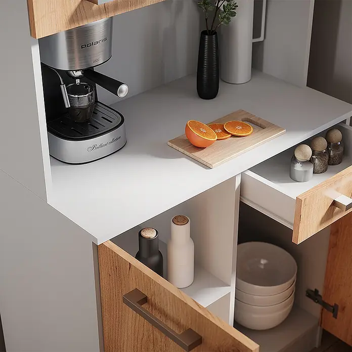 Vicco Schrankküche Raul Weiß/Goldkraft Eiche mit 4 Türen & 1 Schublade - Goldkraft Eiche, Buffetschrank - Weißes und helles Holzküchenschranksystem mit Espressomaschine, offenen Regalen und Schubladen, als funktionale Kaffeestation.