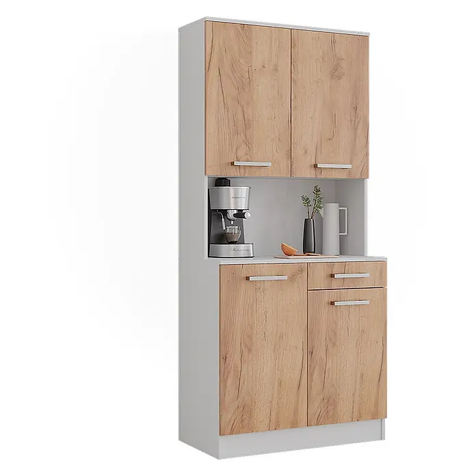 Vicco Schrankküche Raul Weiß/Goldkraft Eiche mit 4 Türen & 1 Schublade - Goldkraft Eiche, Buffetschrank - Moderner Küchenschrank mit weißem Rahmen, hellen Eichentüren/-schubladen und offenem Fach für Geräte.