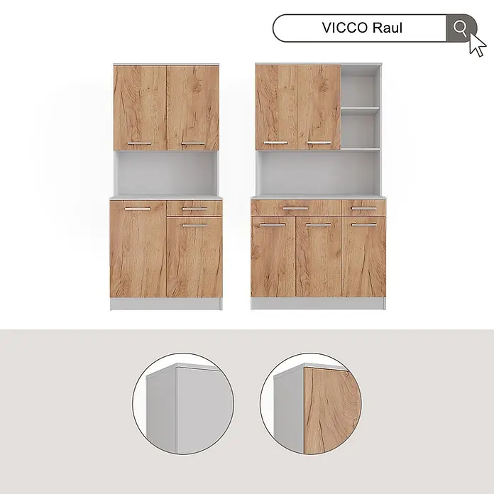 Vicco Schrankküche Raul Weiß/Goldkraft Eiche mit 4 Türen & 1 Schublade - Goldkraft Eiche, Buffetschrank - VICCO Raul Küchenschrank-Set mit Holzfronten und weißem Korpus, mit Schubladen und Schränken.